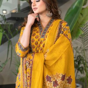 Arayna Women's Pure Cotton Block Printed Ethnic Wear Kurta Set with Palazzo Pants & Dupatta, Mustard Yellow